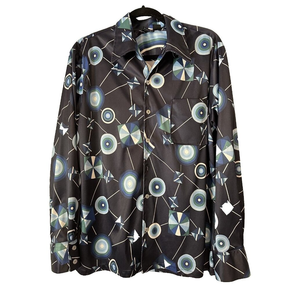 1970s Disco men's LS shirt blue black geometric psychedelic Joel Large polyester